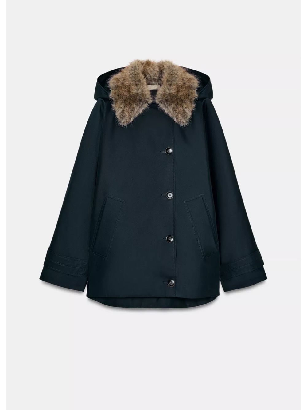 Zara Black Hooded Puffer Coat with Faux Fur Trim